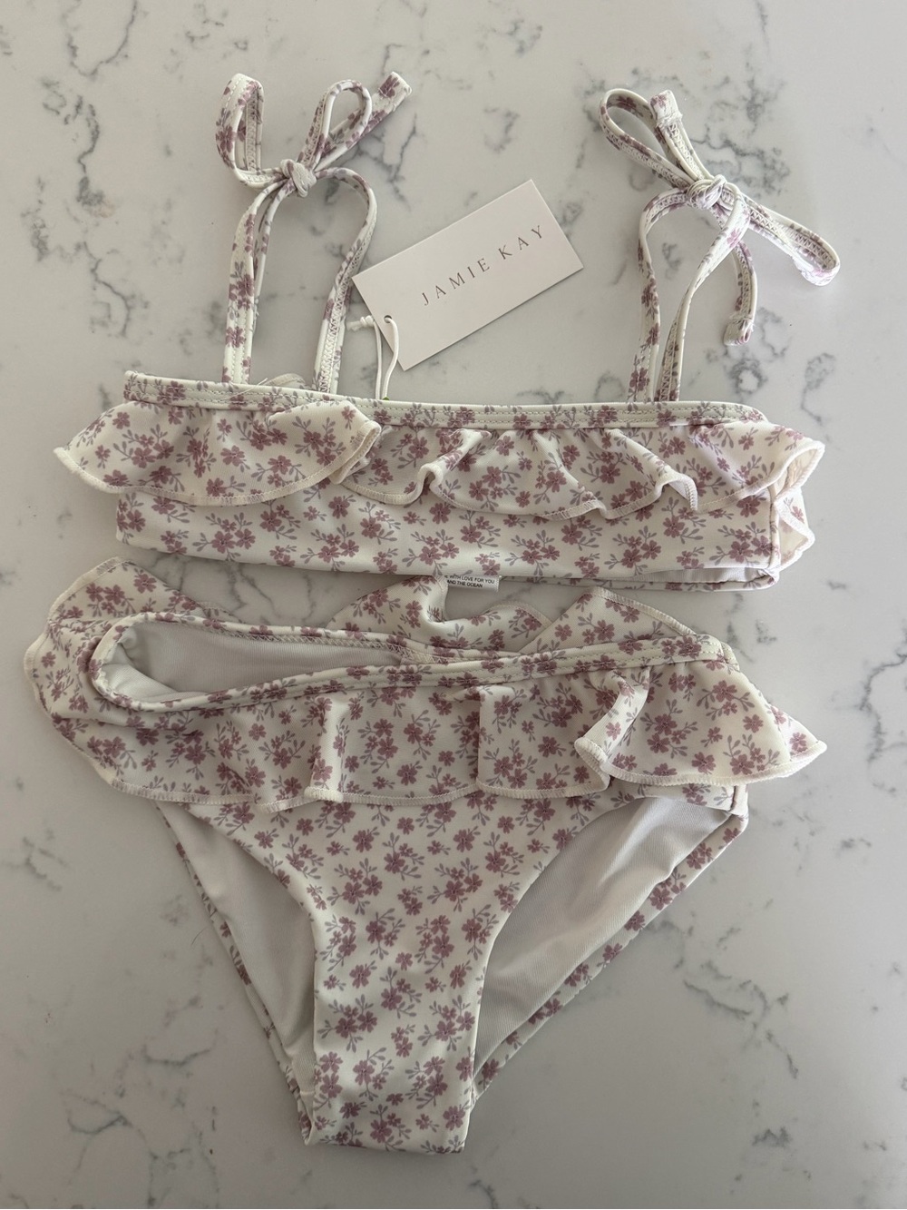 Jamie Kay Poppy Floral Ruffle Bikini Top - White & Dusty Pink